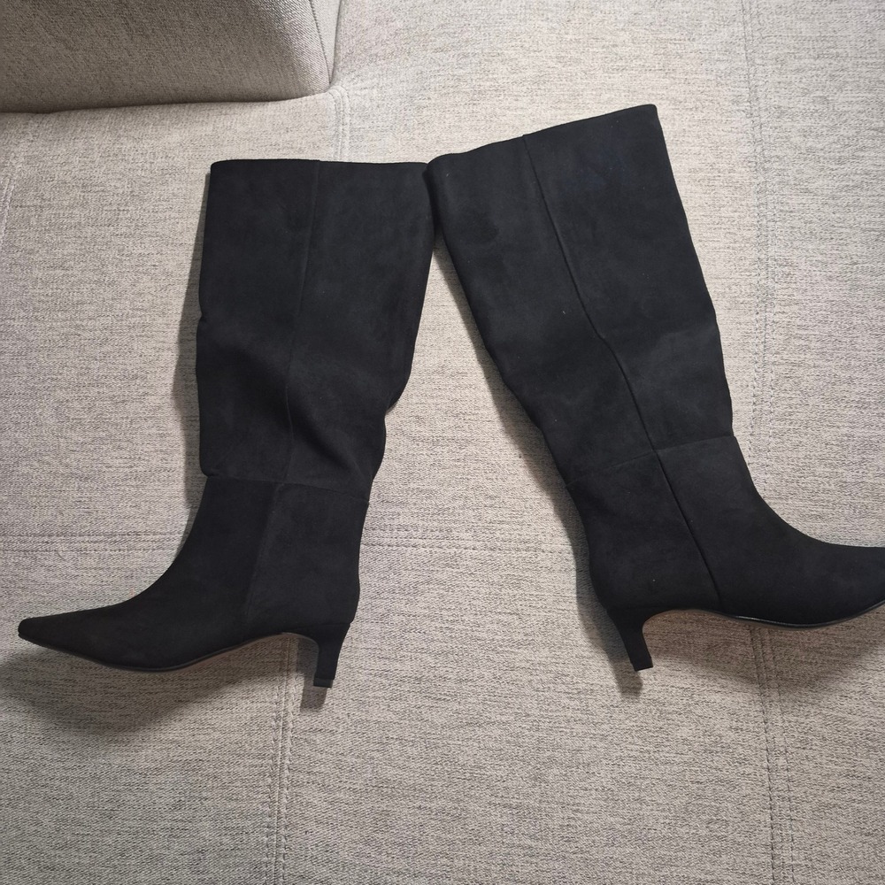 Cellenz Womens Black Faux Suede Tall Kitten Heel Pointed Toe Boots 6
